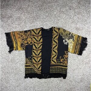 ETRO Milano 100% Silk Fringe Kimono Cardigan Black Gold One Size
